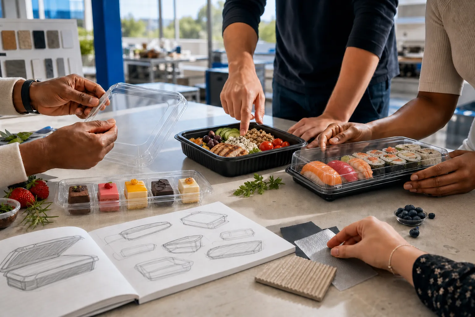 Packaging specialists reviewing Raytek meal, bakery and sushi container samples together