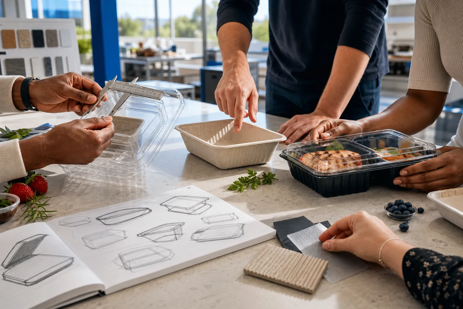 Packaging specialists reviewing food, materials and container samples together