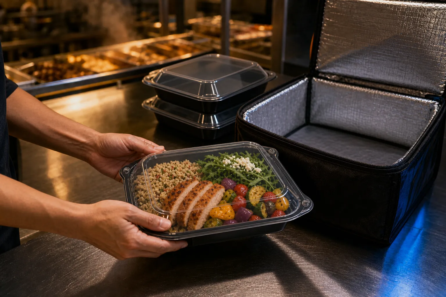Prepared meals in Raytek GEMbox containers arranged for delivery