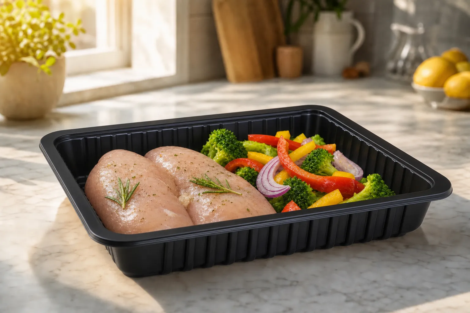 Fresh chicken and vegetables presented in an open black Raytek tray