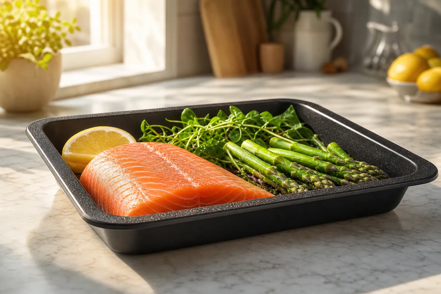 An uncovered food tray with fresh salmon and vegetables in warm morning light
