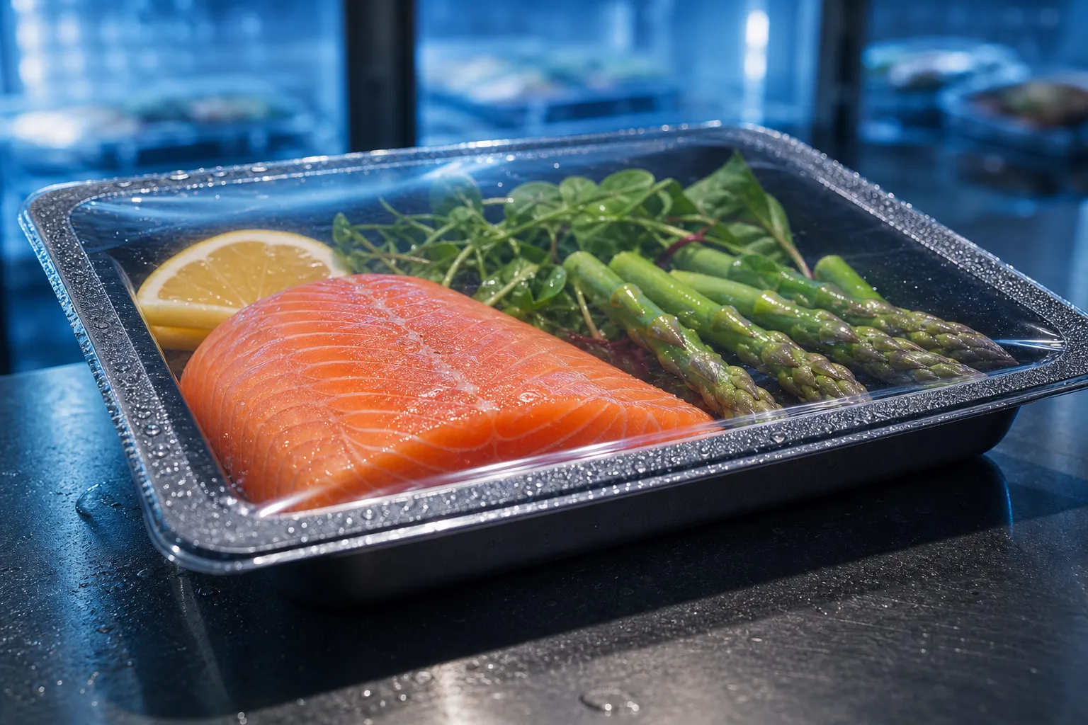 A chilled high-barrier food tray protecting fresh salmon and produce