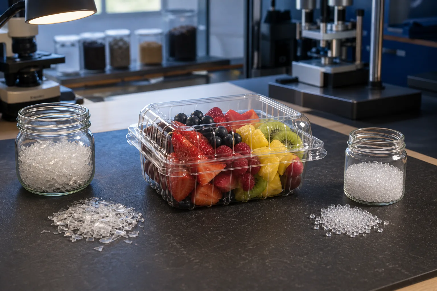 A Raytek clear fresh-cut fruit container reviewed with PET material samples