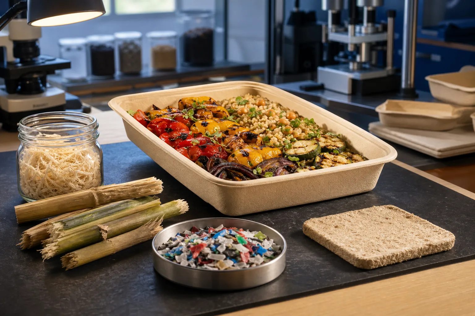 Natural-fibre food packaging and its raw material samples