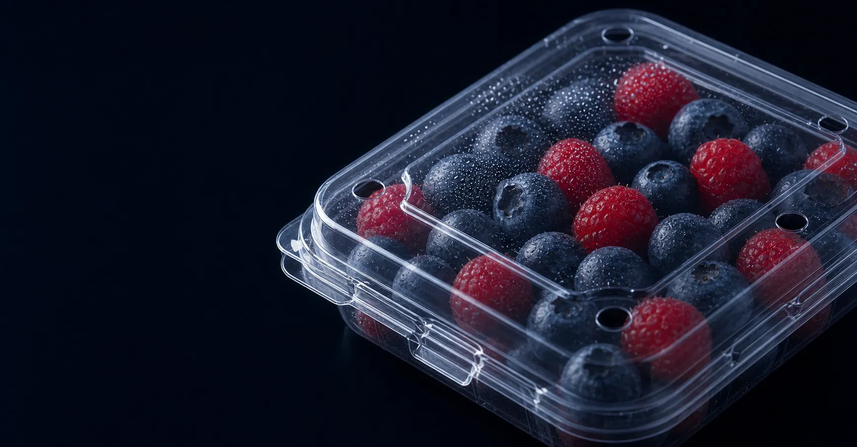 Blueberries and raspberries protected in clear Raytek produce clamshells