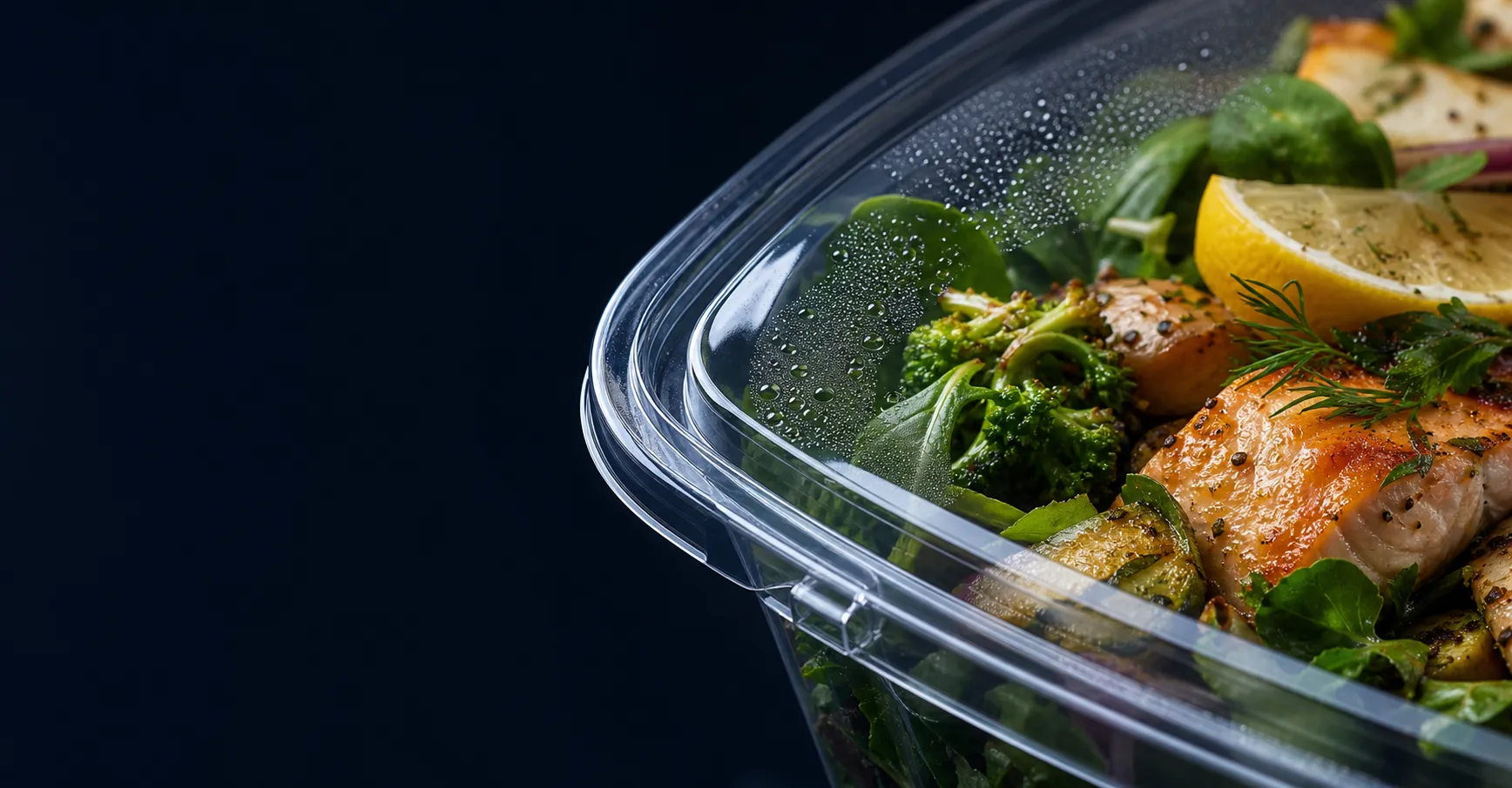 Fresh food seen through the precise edge of a clear protective lid